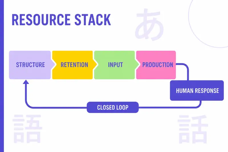 Japanese beginner resource stack infographic showing structure, retention, input, production, and human response as connected layers
