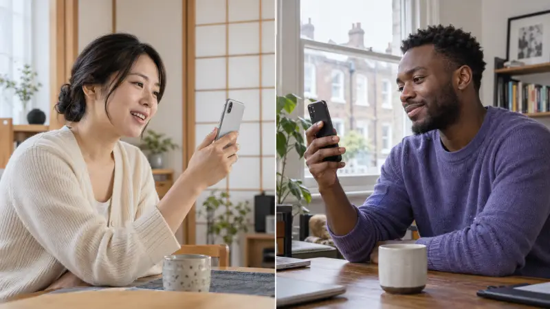 Japanese language partners in separate homes holding phones toward themselves during a conversation