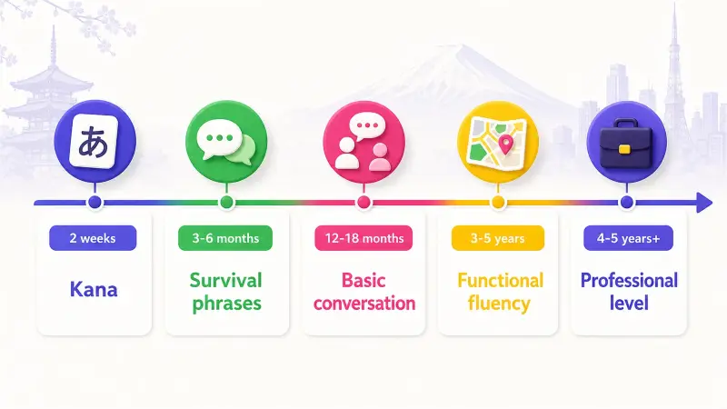 Japanese learning milestone timeline from hiragana in 2 weeks to professional level in 4-5 years