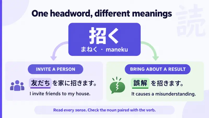 The Japanese verb ๆใ has different senses with ๅใ ใก and ่ชค่งฃ, showing why noun pairings matter.