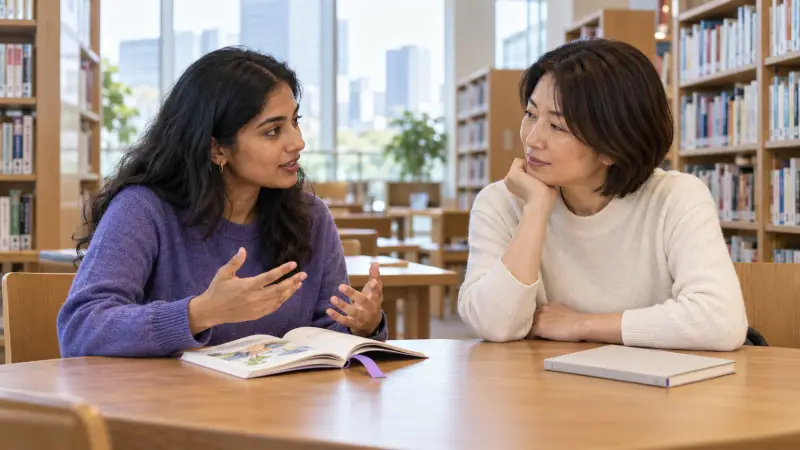 Two reading partners discuss a short Japanese reader in a quiet library.
