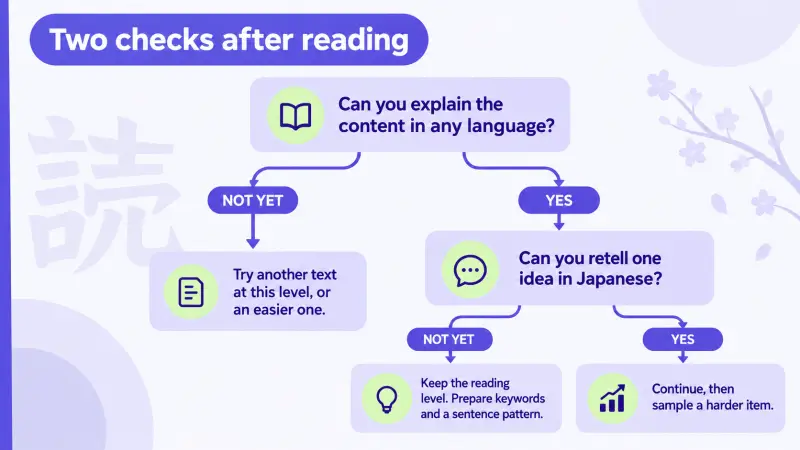 A decision tree distinguishes Japanese reading comprehension from the ability to retell an idea in Japanese.
