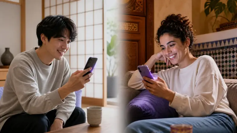 A Japanese speaker and beginner exchanging messages from two contemporary homes