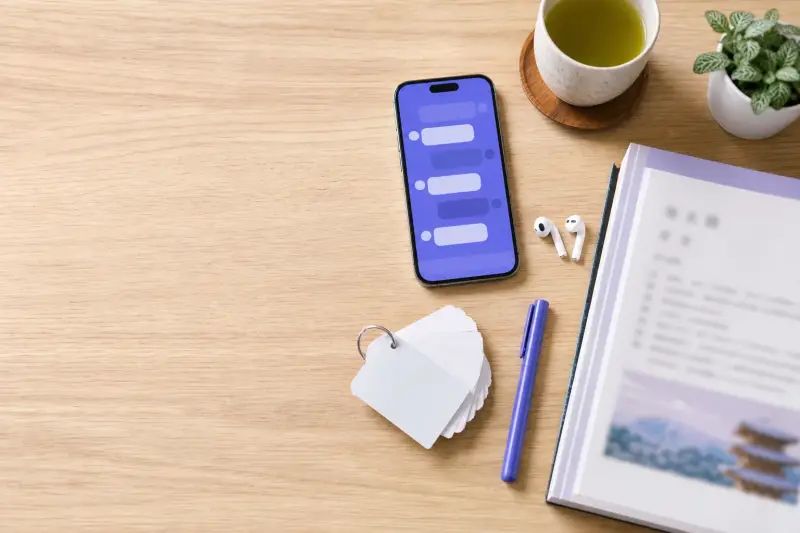 Japanese study desk with language learning app