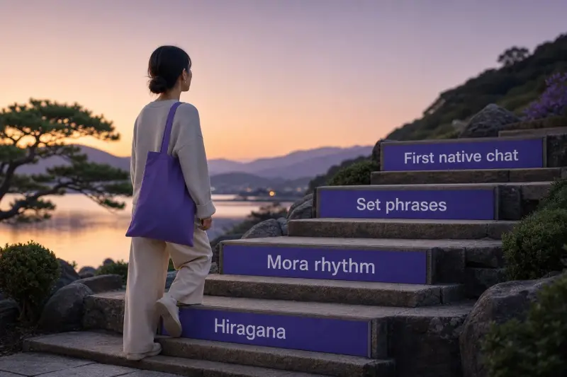 Learner climbing Japanese study steps toward a first native chat