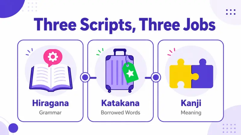 Three distinct jobs for hiragana katakana and kanji