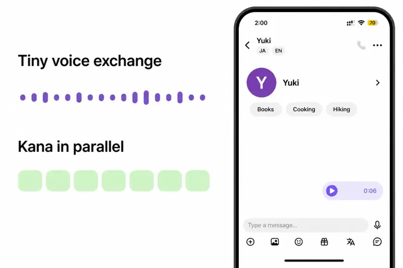 HelloTalk voice-message chat supporting a tiny Japanese micro-conversation while kana study continues in parallel