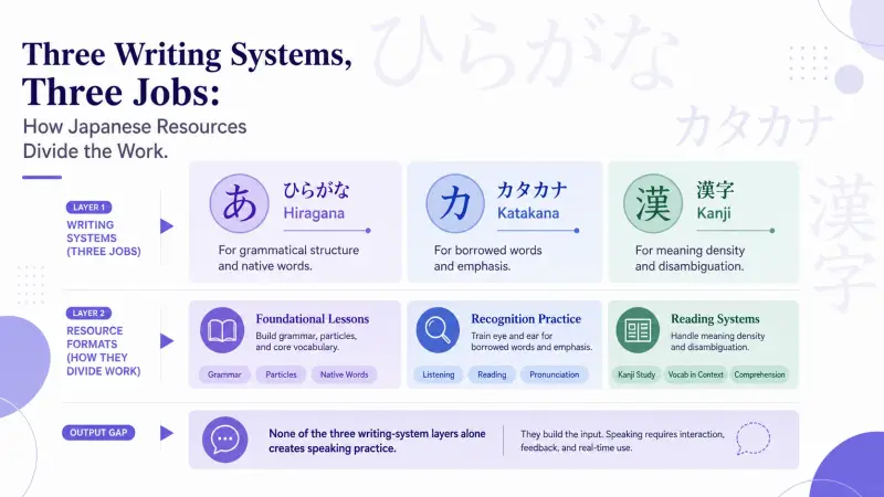 How Japanese learning resources divide roles across three writing systems