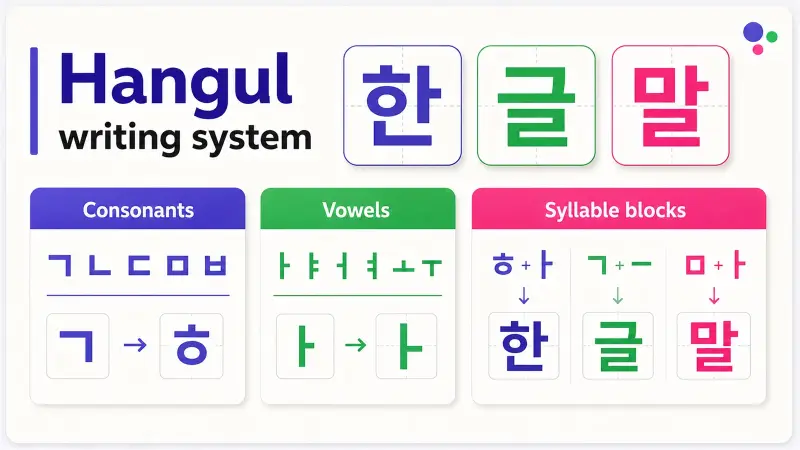 Korean Hangul writing system infographic showing structure and why it's learnable in 1-2 weeks