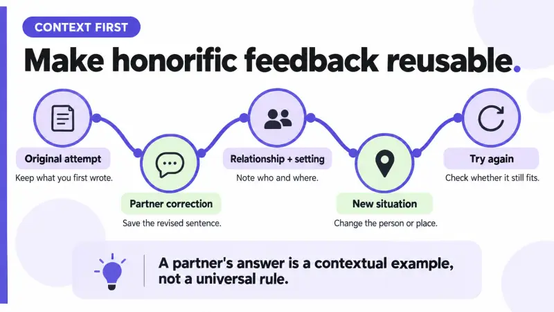 A Korean honorific feedback cycle preserving the original sentence and context before reuse in a new situation