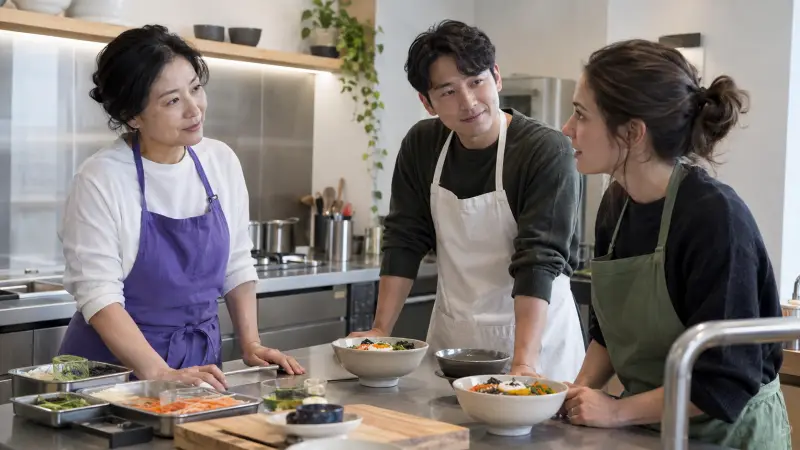 An adult Korean learner practicing polite conversation with local participants at a modern cooking workshop
