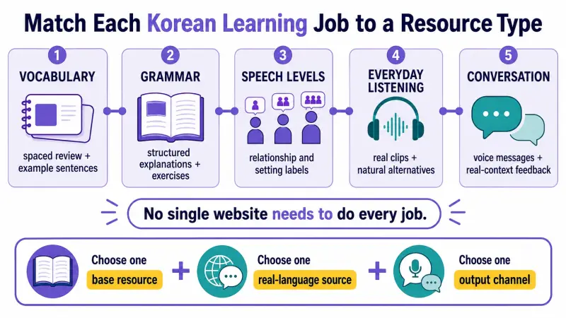 単語、文法、敬語、日常表現、会話に合う韓国語学習リソースの選び方