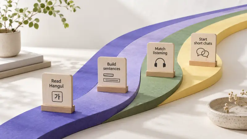 Physical parallel paths labeled with Korean learning milestones from Hangul to short chats