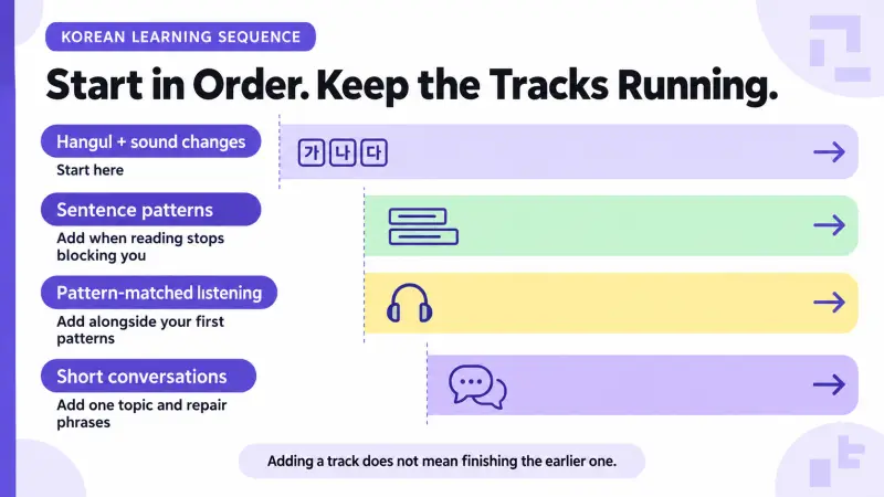 Overlapping Korean learning tracks for Hangul, sentence patterns, listening and conversation