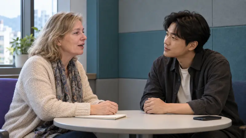 A Korean-speaking partner listens closely as a learner repeats a short phrase.