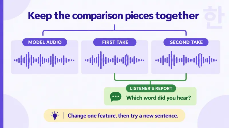 A Korean pronunciation review keeps model audio, two learner takes, and the listener's report together.