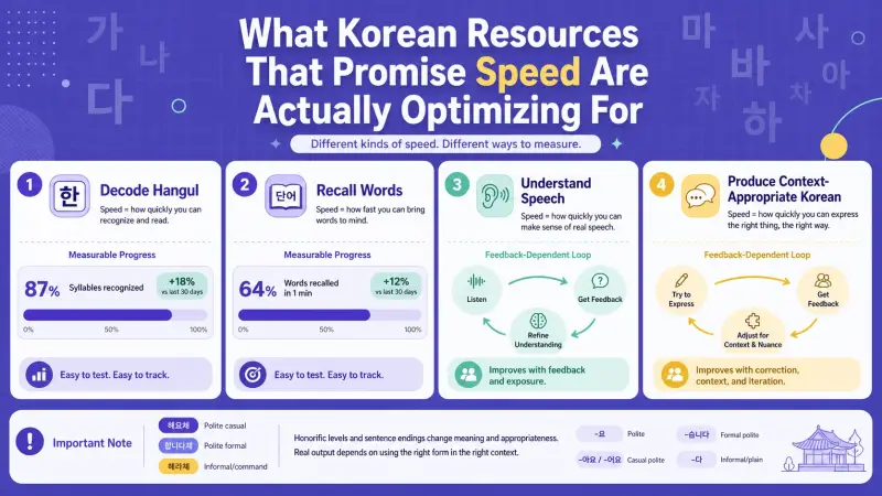 A dashboard comparing the metrics behind Korean learning speed claims
