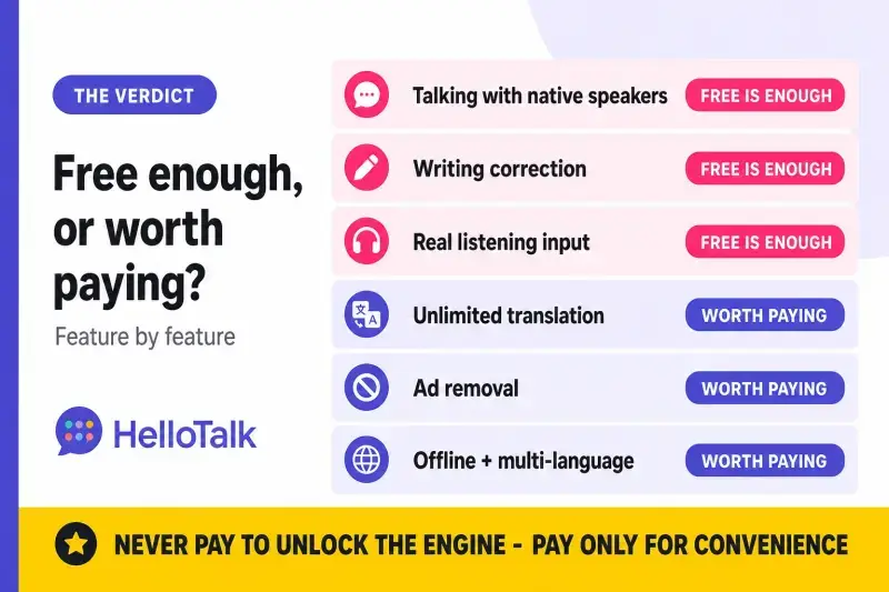 Feature-by-feature verdict infographic on which language app features are worth paying for