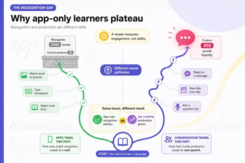 Language app learner recognition gap infographic