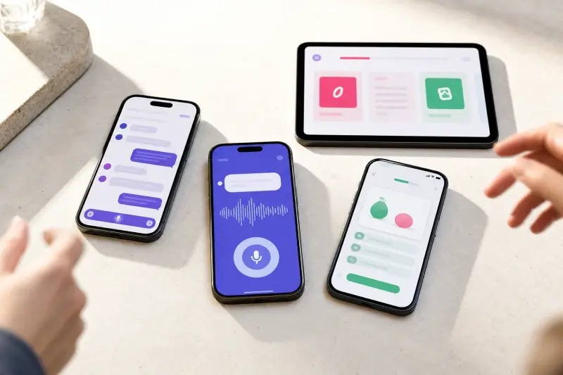 Language learning apps displayed on phone and tablet