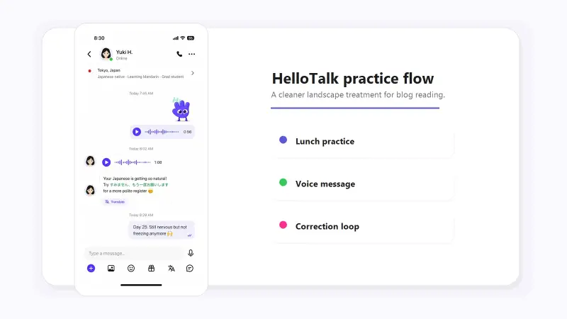 HelloTalk language exchange app interface showing a learner and native speaker exchanging voice messages for daily speaking practice