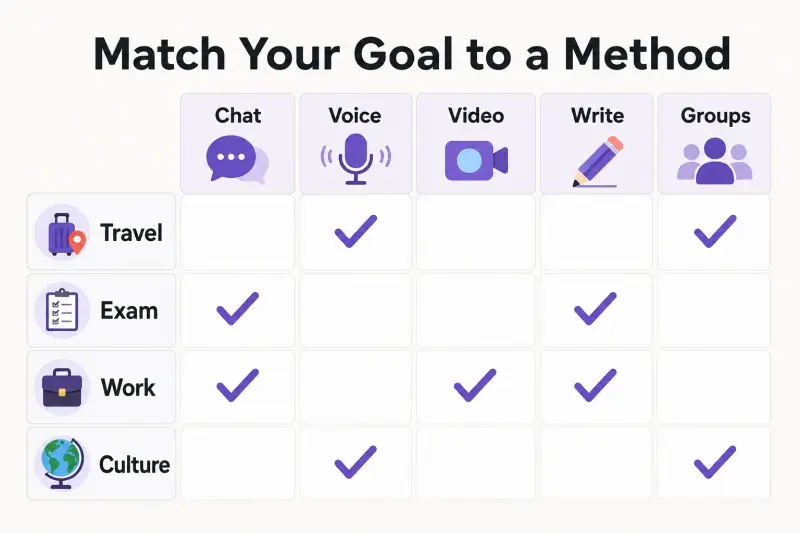 Decision matrix matching travel, exam, work, and cultural goals to practice methods