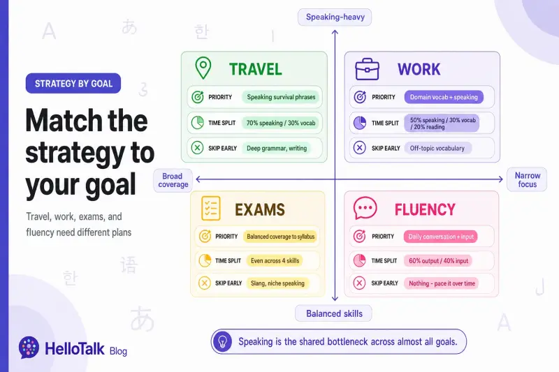 Language goals for travel work exams and fluency infographic