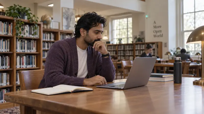 A thoughtful adult man of South Asian appearance at a spacious contemporary library table, calmly considering his language study materials.