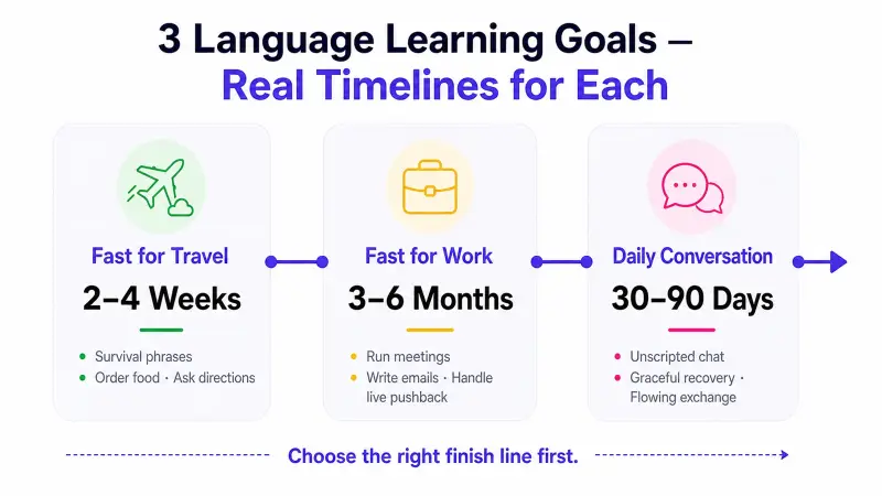 Infographic showing three language learning scenarios β travel fluency in 2β4 weeks, work fluency in 3β6 months, and daily conversation fluency in 30β90 days