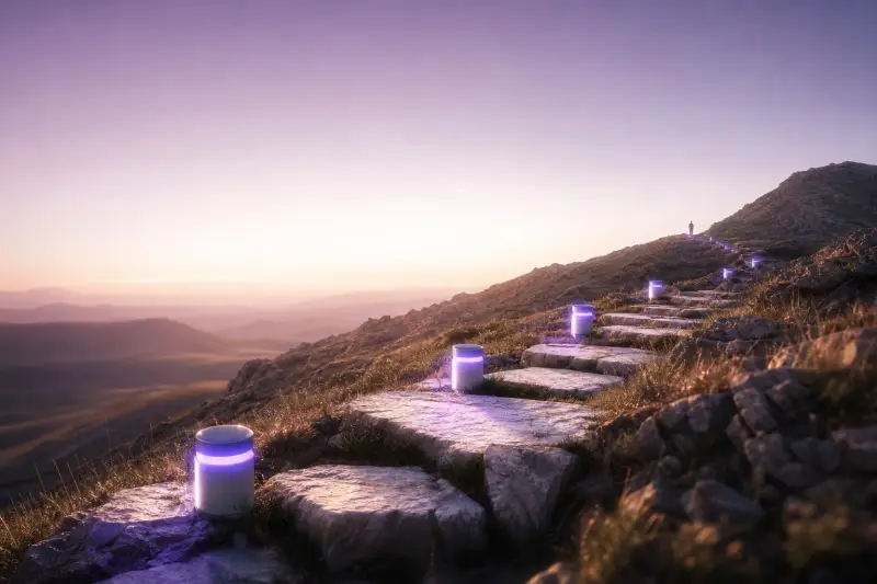 Language learning path with glowing steps