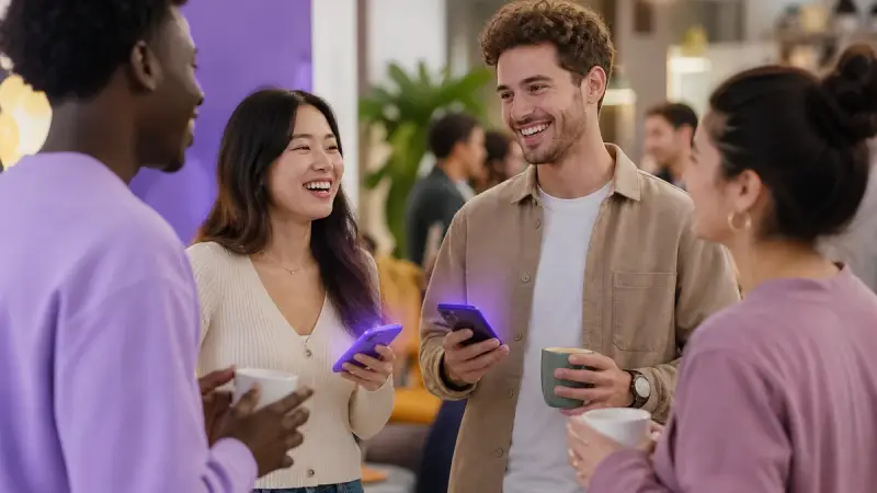 A group of language learners talking in a casual meetup circle