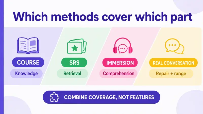 How different language methods cover different parts of fluency
