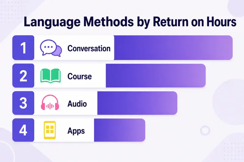 Language learning methods ranked by return on hours invested: conversation, course, audio, and apps
