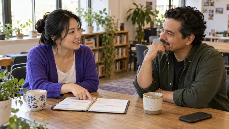 Language partners discuss a mutually comfortable practice routine