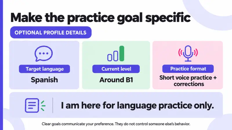 Three optional details for stating a language practice goal: target language, level and format