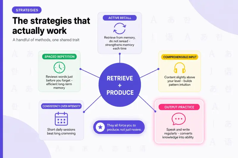 Language strategy retrieve and produce cycle infographic