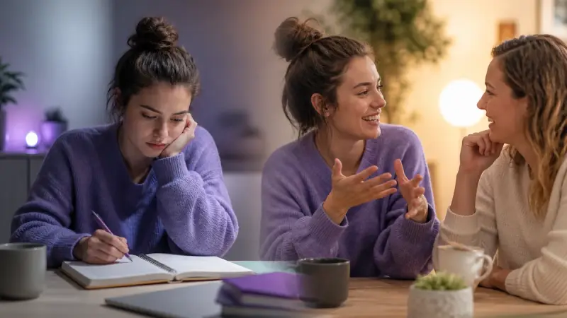 A learner moving from studying alone to talking with a friend