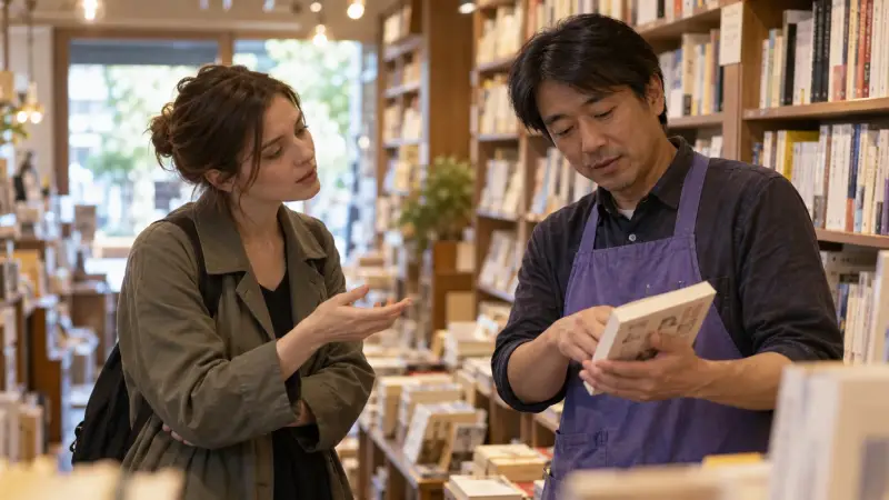 A learner politely asking for clarification in a Japanese bookstore