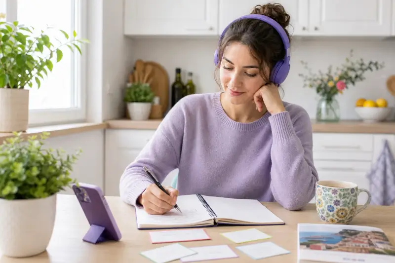 An Italian learner listening through headphones and taking notes at a kitchen table