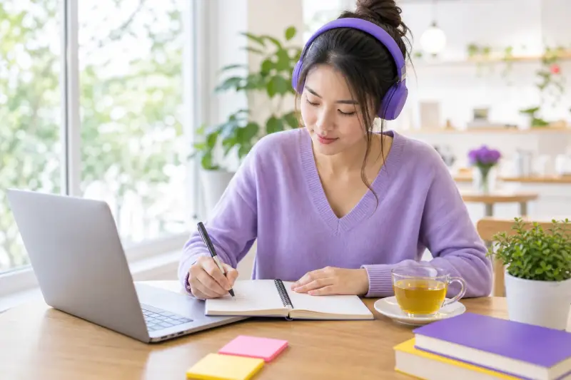 A learner listening to Thai with headphones and taking notes beside a laptop