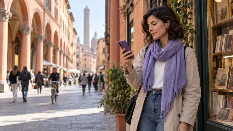 Learner listening to an Italian voice message under Bologna porticoes