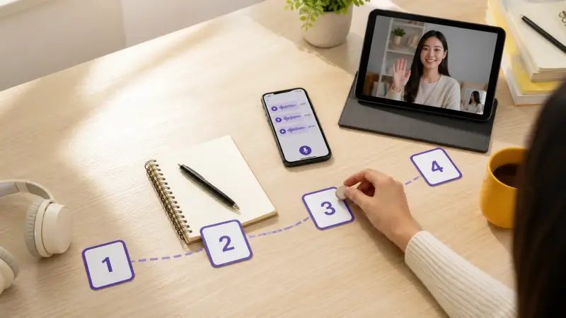 Learner planning a Thai study sequence during a video call