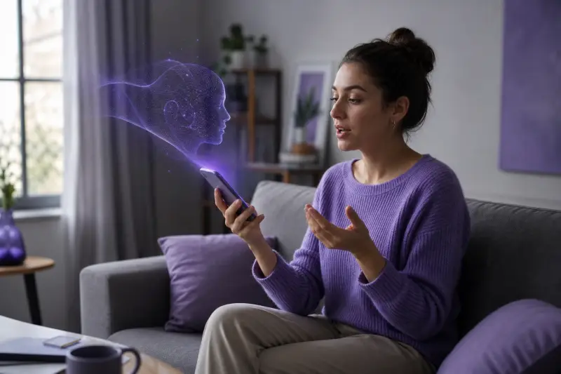 Learner practicing English with an AI conversation app