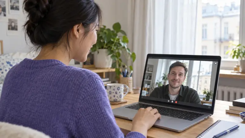 A beginner practicing Russian with an online conversation partner during a relaxed video call
