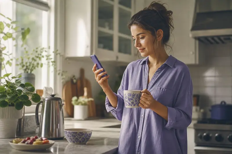 Learner practicing Spanish on a phone during a short break