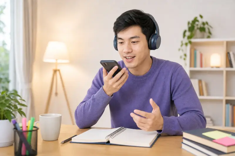 A learner practicing spoken Thai with headphones, a phone and a notebook at home