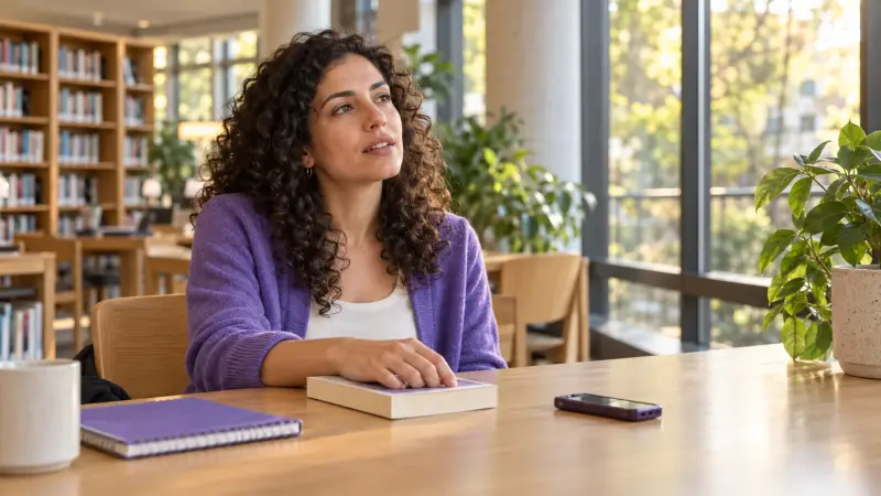 A learner closes her reading material and practices recalling a sentence aloud in a library.
