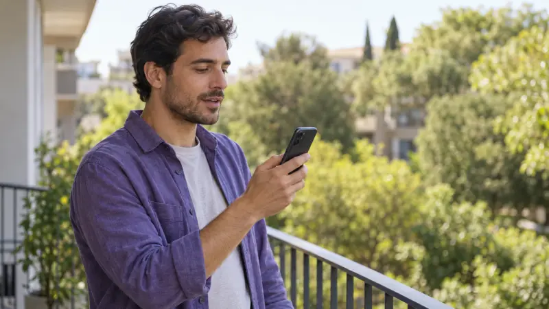 An adult learner recording a relaxed short English voice message on an open balcony