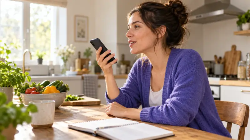 Learner recording a personal French voice message in a sunlit kitchen