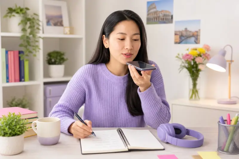 A learner recording a short Italian voice message beside her notebook